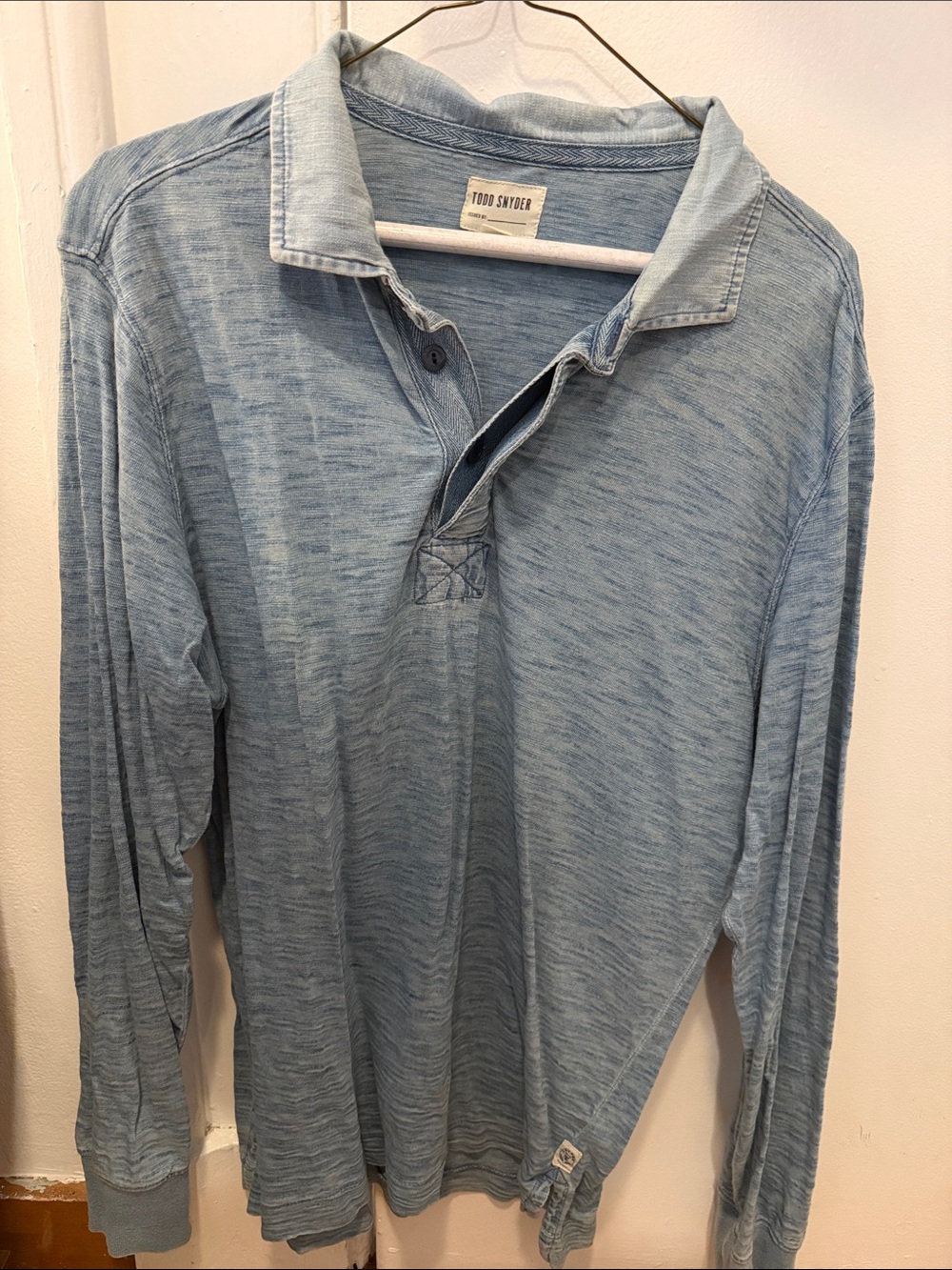 Todd Snyder Men's Light Blue Indigo dyed Long-Sleeve Polo Shirt
